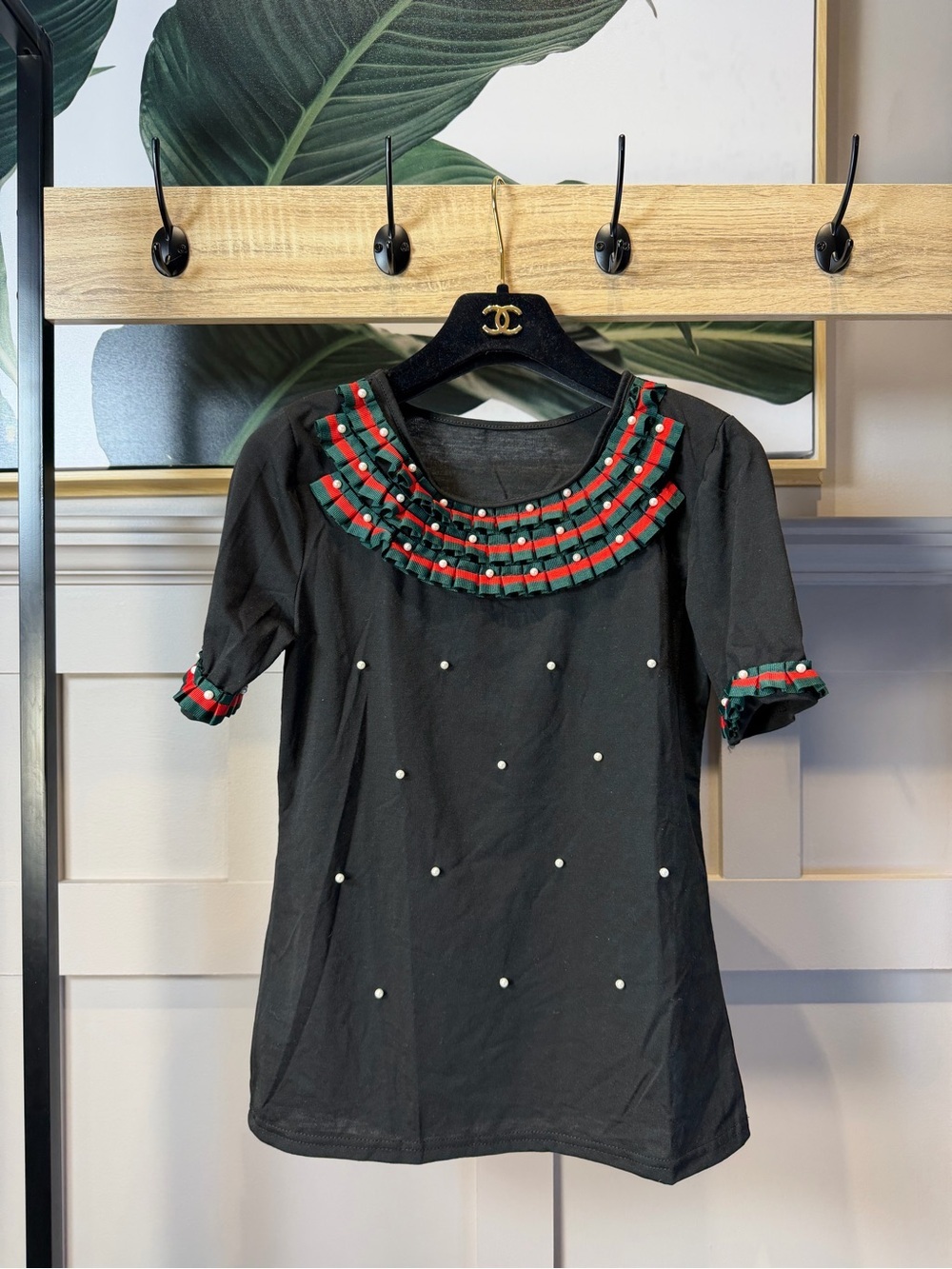Black Pearl-Embellished Top with Green & Red Trim S